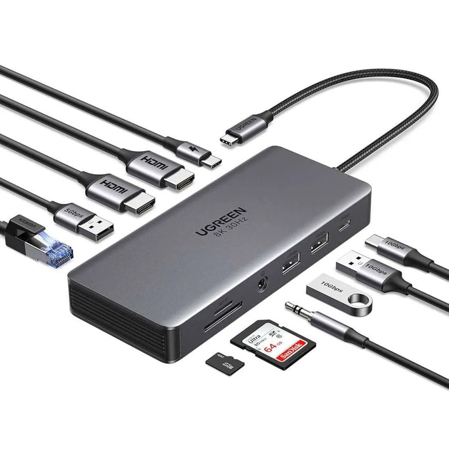 Ugreen CM681 USB Type C 11 in 1 Docking Station, Dual HDMI, Gigabit Ethernet, USB 3.2, USB 3.0, SD/TF, 3.5mm, 100W PD