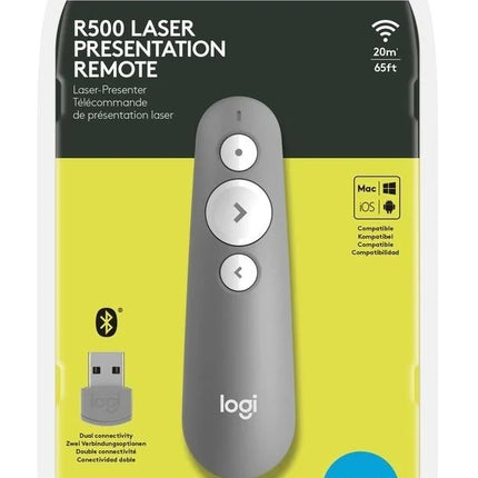 Compact grey Logitech laser presentation remote.