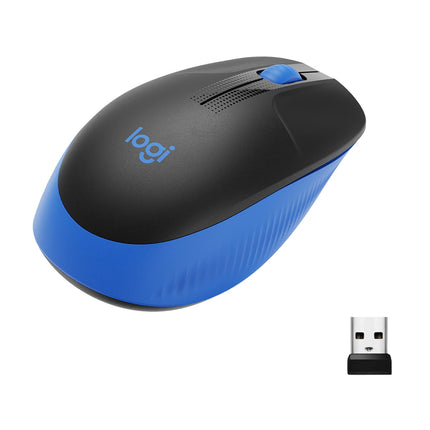 Compact blue Logitech wireless mouse