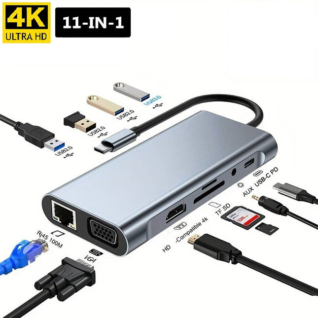 Usb C hub, 11 in 1 USB C Adapter  Dongle with 4K HDMI, VGA, Type C PD, USB3.0, RJ45 Ethernet, SD/TF Card Reader, 3.5mm AUX, Docking Station