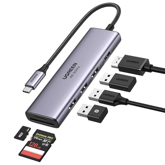 Ugreen 6 - in - 1 USB - C Multifunction Adapter - CM512 USB - C to USB 3.0 (3 Ports) + 4K HDMI + Gigabit Ethernet + USB - C PD - Brainy