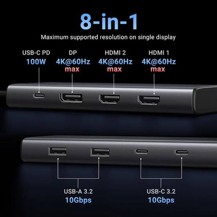 UGREEN CM639 USB Type C 8 in 1 docking station for laptops with dual HDMI 4K 60Hz, DisplayPort 4K 60Hz and 100W Power Delivery