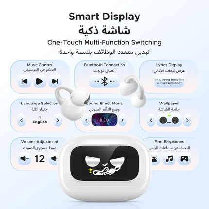 UGREEN WS208 ClipBuds Magic wireless earbuds with smart touchscreen display and Bluetooth connectivity in white