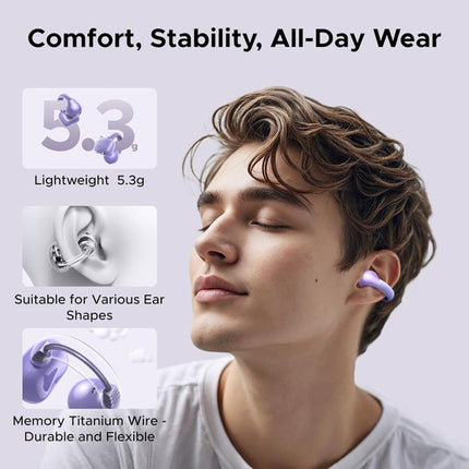 UGREEN WS209 open ear true wireless earbuds in purple with secure and comfortable fit