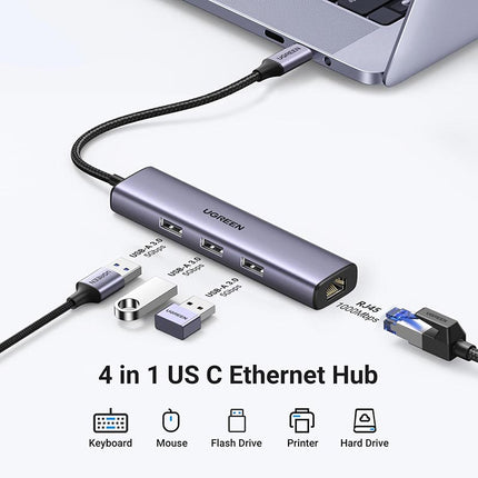 UGREEN CM475 USB-C Hub featuring three USB 3.0 ports and Gigabit Ethernet for laptops and tablets