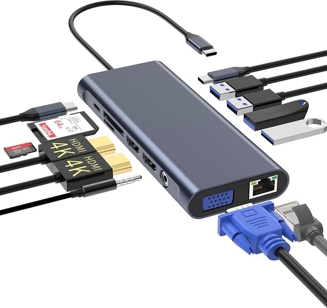 USB C hub 12 in 1 USB Type C Adapter Dongle with double 4K HDMI, VGA, Type C PD, USB3.0, RJ45 Ethernet, SD/TF Card Reader, 3.5mm AUX, Docking Station