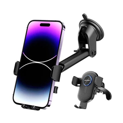 Vention One Touch Clamping Car Phone Mount with Suction Cup Black Square Type - Brainy