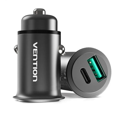 Vention Two - Port USB A+C (30+30) Car Charger Gray Mini Style Aluminum Alloy Type - Brainy