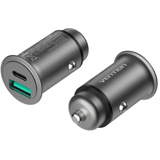 Vention Two - Port USB A+C (30+30) Car Charger Gray Mini Style Aluminum Alloy Type - Brainy
