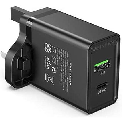 Vention Two - Port USB (A+C) Wall Charger (18W/20W) UK - Plug Black - Brainy