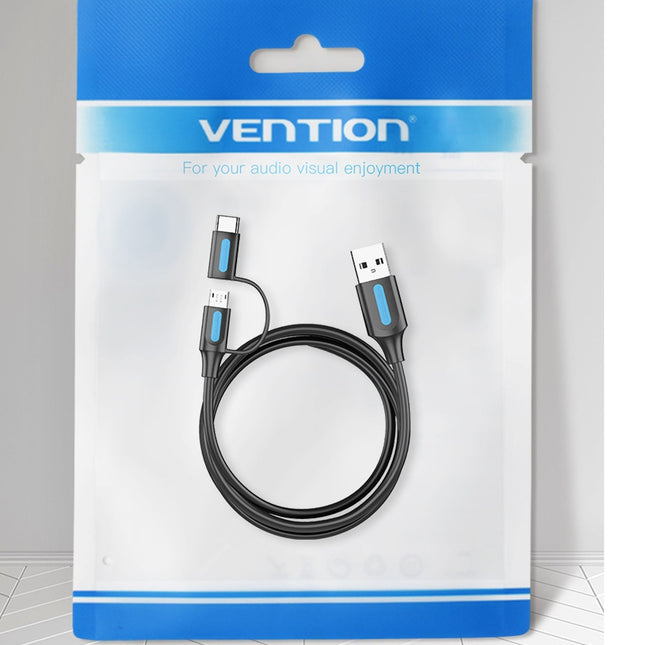 Vention USB 2.0 A Male to 2 - in - 1 Micro - B USB - C Male Cable 1.5M Black PVC Type - Brainy