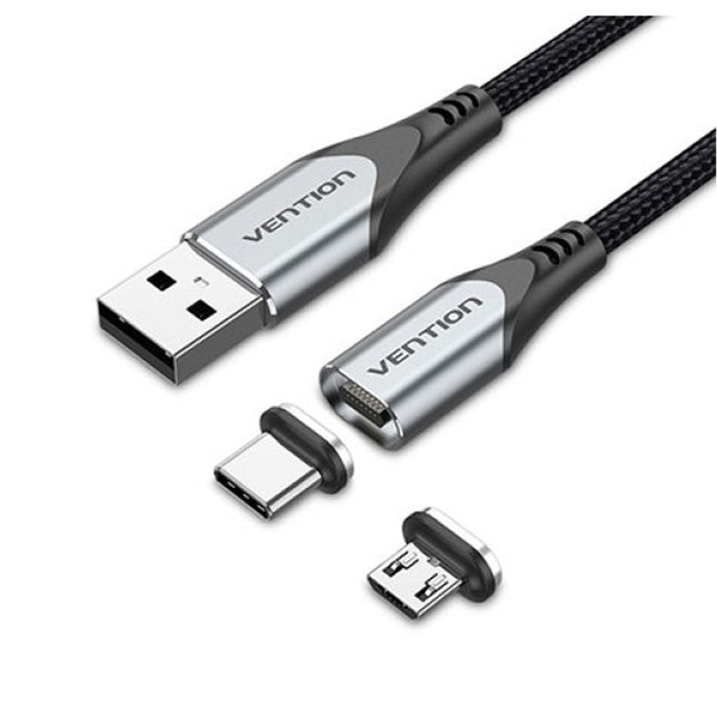 Vention USB 2.0 A Male to 2 - in - 1 Micro - B USB - C Male Magnetic Cable 1M Gray - Brainy