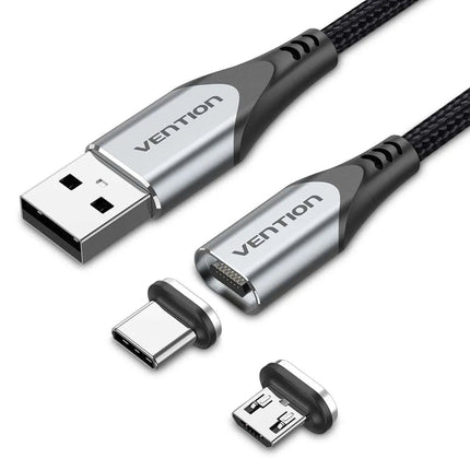 Vention USB 2.0 A Male to 2 - in - 1 Micro - B USB - C Male Magnetic Cable 1M Gray - Brainy