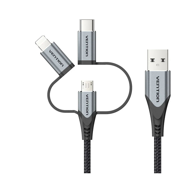 Vention USB 2.0 A Male to 3 - in - 1 Micro - B USB - C ightning Male Cable 1M Gray Aluminum Alloy Type - Brainy