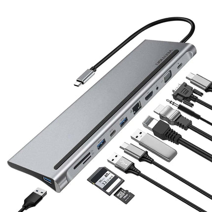 Vention USB - C MULTI - FUNCTIONAL 11 in 1 DOCKING STATION - Type C to Multi - function USB - C to HDMI/VGA/USB - C Gen 1/USB 3.0x2/USB 2.0/RJ45/SD/TF/TRRS 3.5mm/PD Docking Station 0.25m Gray Metal Type Docking station - Brainy