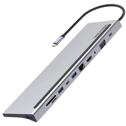 Vention USB - C MULTI - FUNCTIONAL 11 in 1 DOCKING STATION - Type C to Multi - function USB - C to HDMI/VGA/USB - C Gen 1/USB 3.0x2/USB 2.0/RJ45/SD/TF/TRRS 3.5mm/PD Docking Station 0.25m Gray Metal Type Docking station - Brainy