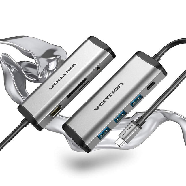 Vention USB - C MULTI - FUNCTIONAL 6 in 1 DOCKING STATION - Type C to HDMI/USB3.0 (3 PORTS)/RJ45/PD(87W) Converter 0.15M Gray - Brainy
