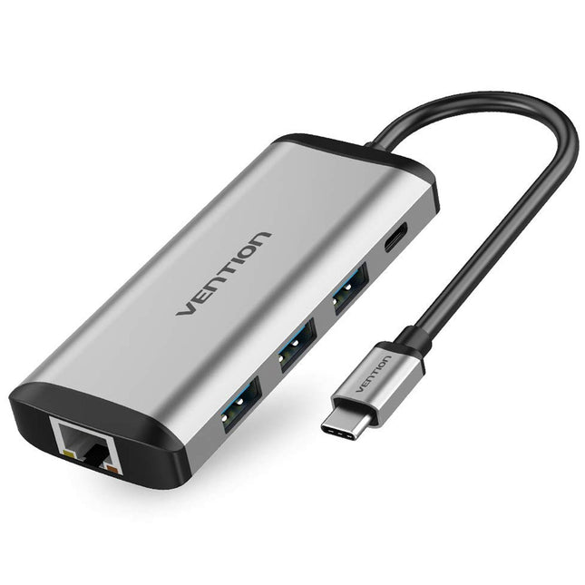 Vention USB - C MULTI - FUNCTIONAL 8 in 1 DOCKING STATION - Type C HDMI/USB3.0 (3 PORTS)/RJ45/SD/TF/PD(100W) Docking Station 0.15M Gray Aluminum Alloy Type - Brainy
