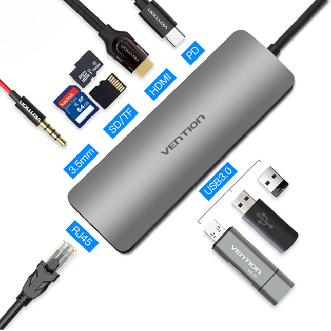 Vention USB - C MULTI - FUNCTIONAL 8 in 1 DOCKING STATION Type C HDMI/USB3.0 (3 PORTS)/RJ45/TF/SD/PD(87W) Converter 0.15M Gray - Brainy